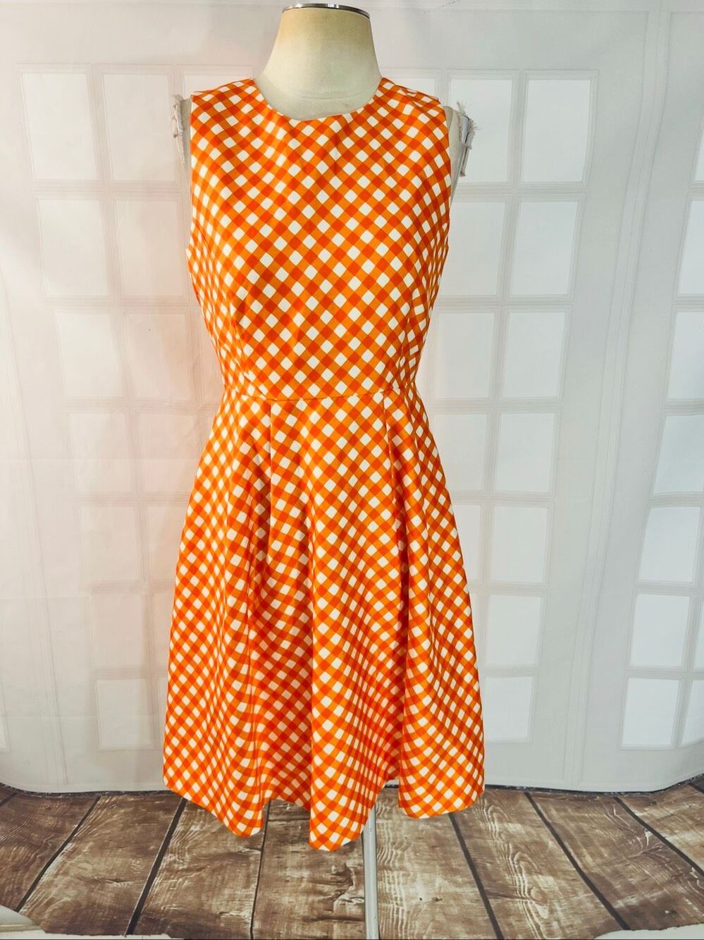Kate Spade Orange White Plaid Tallulah Gingham Silk Blend Sleeveless Dress Sz 6